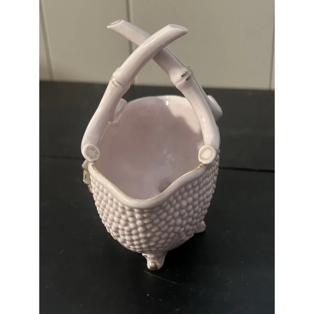 Vintage L&M Lipper & Mann Pink Porcelain Basket Floral Gold Trim Handled Decor